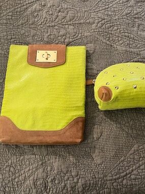 Designer Be&D Leather Trimmed Lime Green Case with Matching Studded Cosmetic Bag